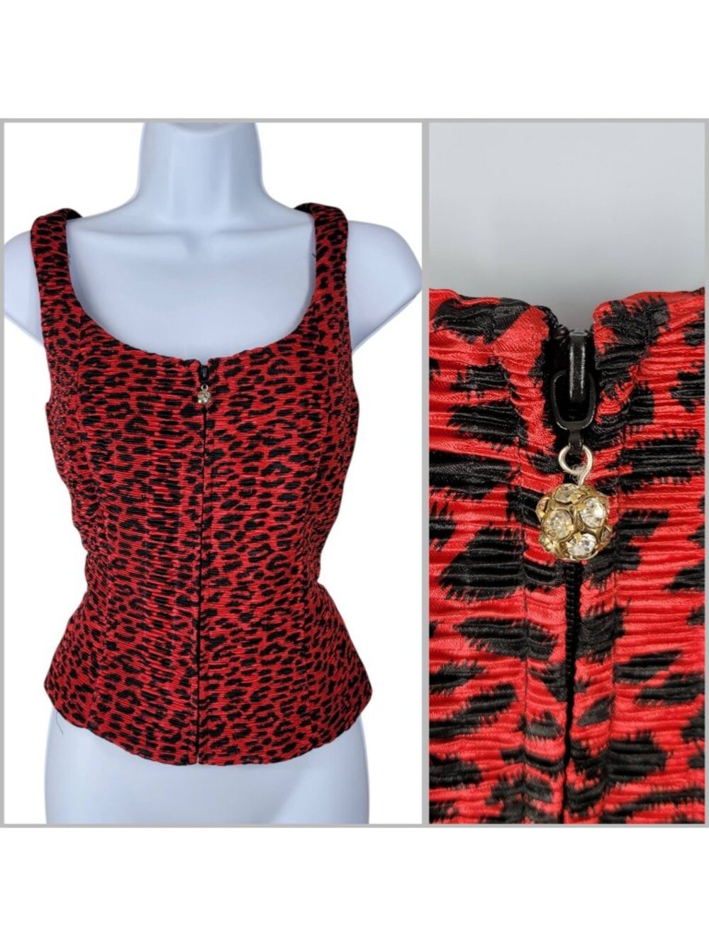 Vintage Y2K Top Size 8 Alt Punk Red Black Cheetah Leopard Zip Front Grunge